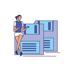 business woman elegant with floppy diskettes