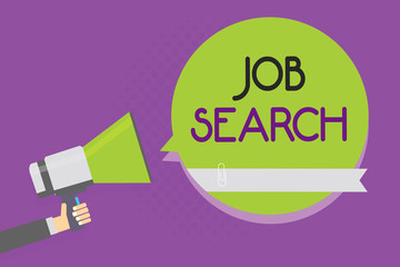 Text sign showing Job Search. Conceptual photo An act of person to find work suited for his profession Man holding megaphone loudspeaker green speech bubble purple background