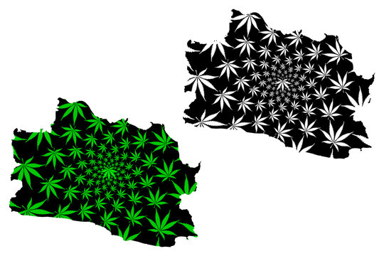 West Java (Subdivisions of Indonesia, Provinces of Indonesia) map is designed cannabis leaf green and black, Jawa Barat map made of marijuana (marihuana,THC) foliage,....