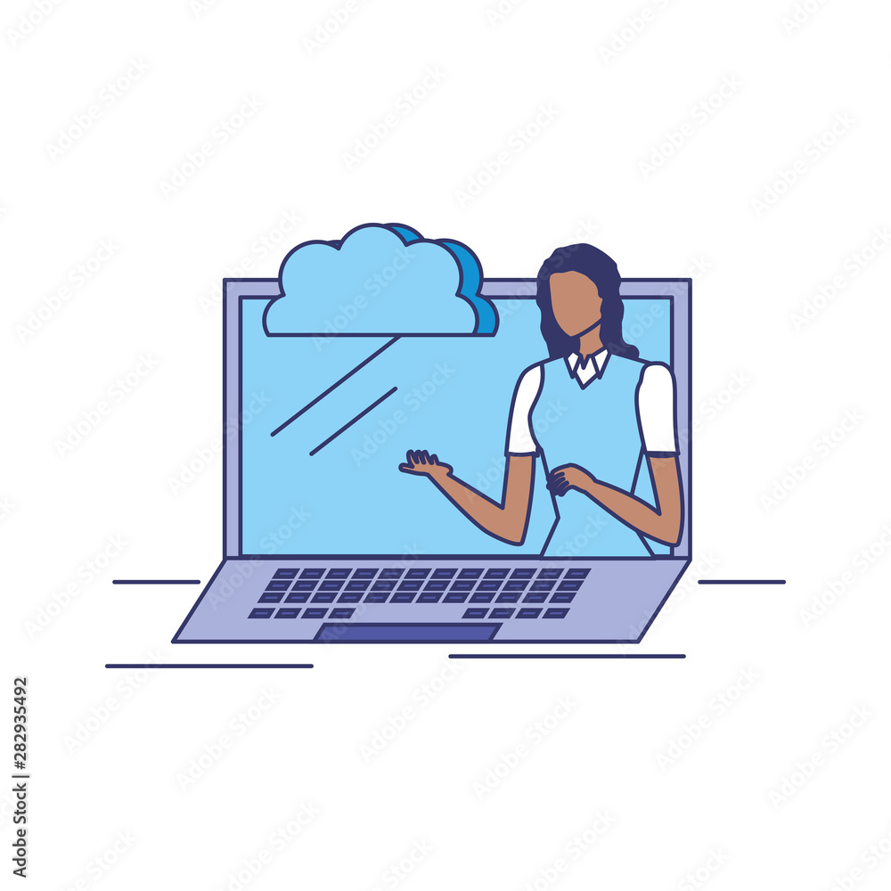 Poster business woman with laptop and cloud computer