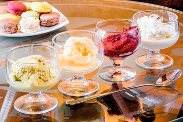 Mixed ice cream in glass. four kinds of ice cream in glassware