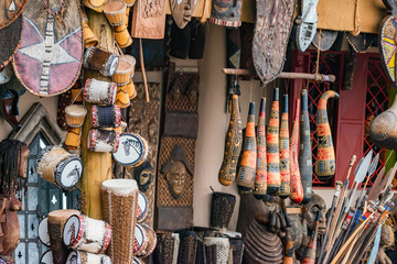 Variety of African souvenirs exposed for sale in local market