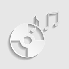 Compact disk with music notes sign. Paper style icon. Illustration.