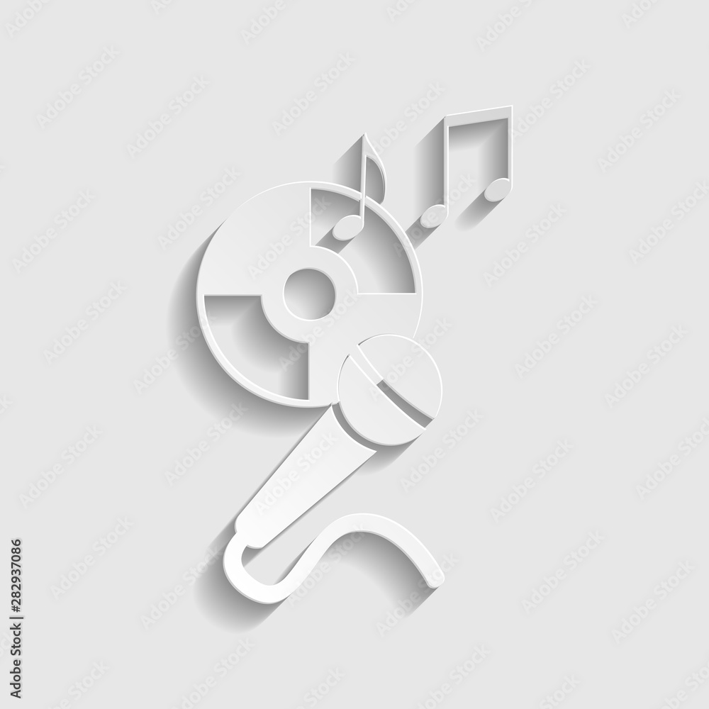 Poster Compact disk with music notes and microphone sign. Paper style icon. Illustration.