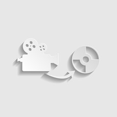 Storing video data to compact disk sign. Paper style icon. Illustration.