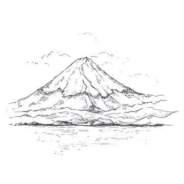 Illustration Mount Fuji.Sketch. Japan drawing.Hand drawn and ink painting of Asia.