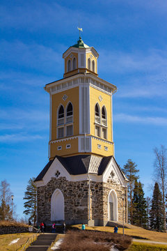 beautiful view of ancient Lutheran Church whith bell tower in kerimaki of southern Savo province on a sunny spring day. The biggest wooden cathedral in Scandinavia and in the world. Eastern Finland