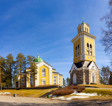 beautiful view of ancient Lutheran Church whith bell tower in kerimaki of southern Savo province on a sunny spring day. The biggest wooden cathedral in Scandinavia and in the world. Eastern Finland