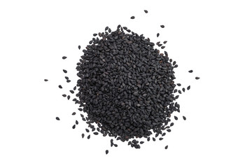 Top view of scattered black sesame seeds isolated on white