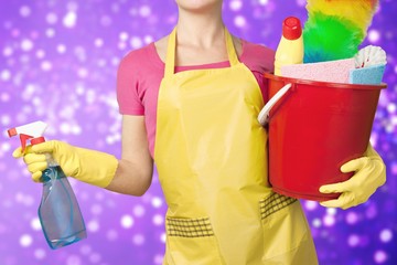 Beautiful Young Woman Housewife with Cleaning products