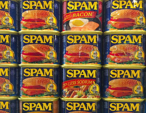 AUSTIN, MINNESOTA - JUNE 21, 2017: A display of Spam Cans at the Spam Museum. The space is dedicated to Spam, the canned precooked meat product made by the Hormel Foods Corporation.