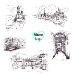 Sketch Attractions of the world. Freehand drawing. Vector illustration.Drawing Europe travel set. Prague.Venice.Italy.Copenhagen.Tourism