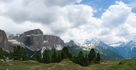 Panorama of Sella massif and mount Marmolada. Dolomites, Italy