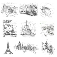 Attractions of the world. Freehand drawing. Vector illustration.Drawing Europe travel set. Prague.Venice.Italy.Copenhagen.Tourism