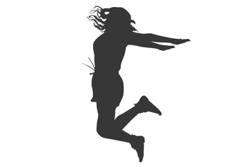  Black silhouette  of a  young joyful girl on a white background who jumps up