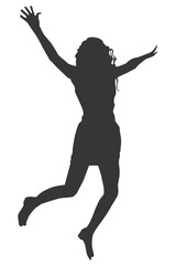 Black silhouette of a  young  joyful girl on a white background who jumps up