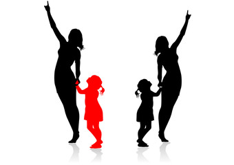 Obraz premium Black and colored silhouettes of mother and daughter, who show something to each other with interest