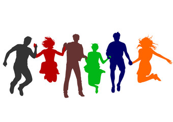 Fototapeta na wymiar colored silhouettes of a large company that hold each other's hands and jump together up