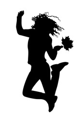 Black silhouette of a young joyful girl on  a  black background who jump up with developing hair
