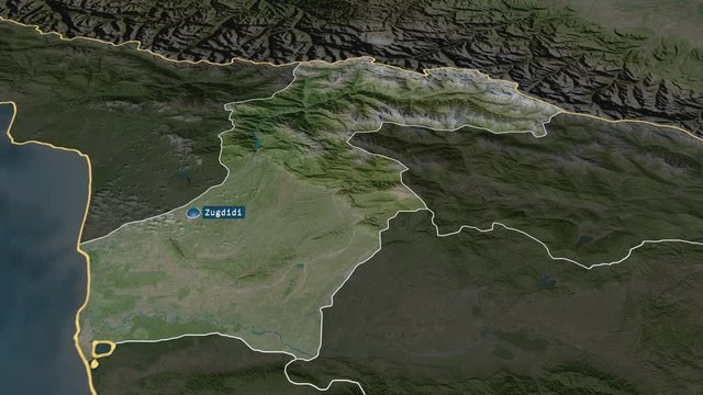 Samegrelo-Zemo Svaneti - region of Georgia with its capital zoomed on the satellite map of the globe. Animation 3D