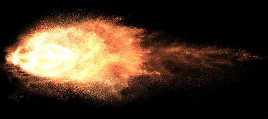a shot from a firearm, an explosion of gunpowder on a black background, a bright flash with flying particles, abstract shape - 282941457