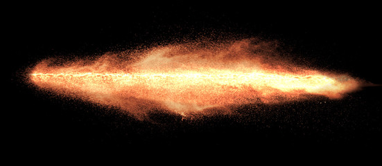 a shot from a firearm, an explosion of gunpowder on a black background, a bright flash with flying particles, abstract shape - 282941481