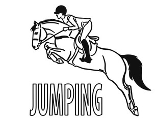 Young rider and a horse are jumping over an obstacle, are in mid-air