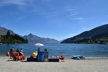 Landscape with mountains and Lake Wakatipu in Queenstown, New Zealand