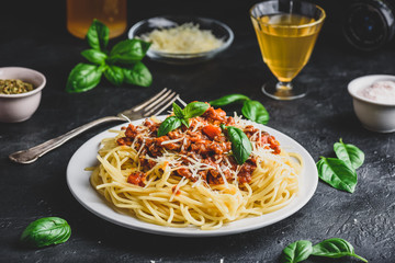 Spaghetti with bolognese sauce and parmesan cheese