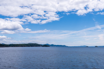 View over Inlet, ocean and island with mountains in beautiful British Columbia. Canada.