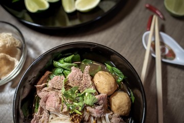 Thai style noodle blood soup,boat noodle,delicious dish,famous Thai noodle soup. Thai peoples call Boat Noodles. Close up or selective focus 