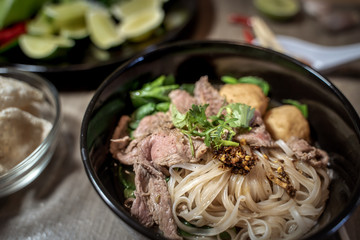 Thai style noodle blood soup,boat noodle,delicious dish,famous Thai noodle soup. Thai peoples call Boat Noodles. Close up or selective focus 