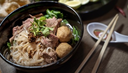 Thai style noodle blood soup,boat noodle,delicious dish,famous Thai noodle soup. Thai peoples call Boat Noodles. Close up or selective focus 