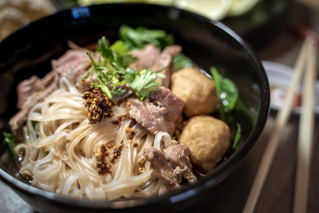 Thai style noodle blood soup,boat noodle,delicious dish,famous Thai noodle soup. Thai peoples call Boat Noodles. Close up or selective focus 