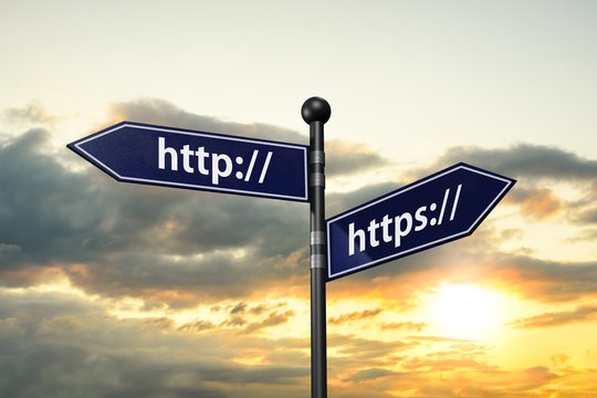 arrow road signs witdh http and https on the sunset sky. 3D illustration