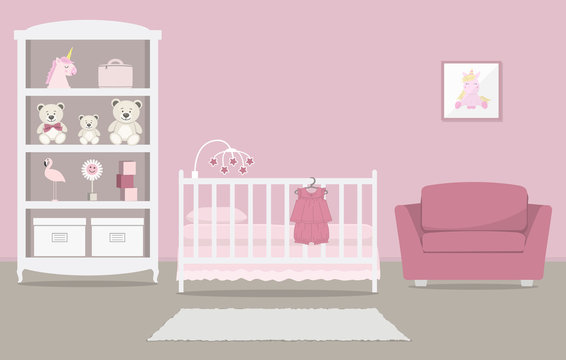 Kid's room for a newborn baby. Interior bedroom for a baby girl in a pink color. There is a cot, a wardrobe with toys, armchair, baby clothes and other things in the picture. Vector illustration