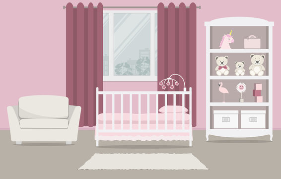 Kid's room for a newborn baby. Interior bedroom for a baby girl in a pink color. There is a cot, a wardrobe with toys, armchair and other things on a window background in the picture. Vector