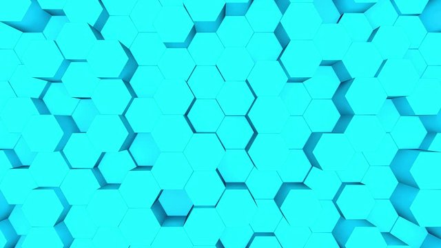 Abstract blue hexagon motion background. 3D animation of a turquoise hexagons rising up and down.