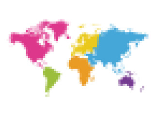 World map pixel art with colorful separate continents