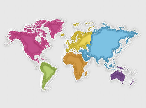 World map and colorful continents, abstract texture