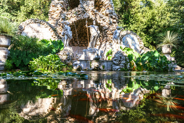 Fototapeta na wymiar Fountain with statues in Trsteno Arboretum, Croatia 