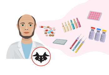 Thyroid disease doctor, treatment and prevention of diseases of the thyroid gland vector illustration. Endocrinologist and treatment of thyroid. Hormones and drags.