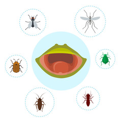 Frog food and nutrition of crocket, moscito, fly and bugs vector illustration. Biology, frogs food chain. Bufo, european tod or froggy mouth.