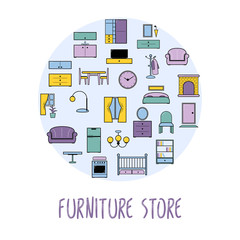 Furniture and home accessories banner with vector flat icons sofa, bookshelf, bed, tables. Set icons of furniture, lighting, decoration and household appliances.