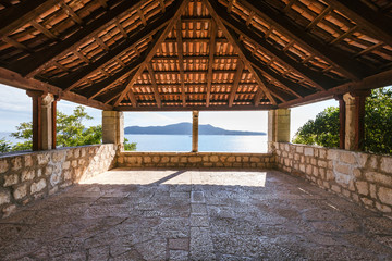 The way to the pavilion with sea view at the botanical garden Arboretum in Trsteno, Croatia. Game of Thrones film location