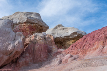 Landscape of large pink and white rock formations at Interpretive Paint Mines in Colorado