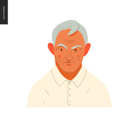 Real people portrait - hand drawn flat style vector design concept illustration of a grey-haired man, face and shoulders avatar. Flat style vector icon
