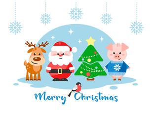 Merry Christmas. Greeting card with funny cartoon characters. Santa Claus, Reindeer and Pig with Christmas tree. Flat design. Vector illustration.