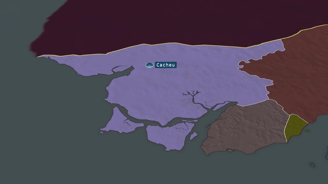 Cacheu - region of Guinea Bissau with its capital zoomed on the administrative map of the globe. Animation 3D