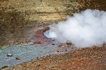 Smoking geysers in the mountains of Iceland.